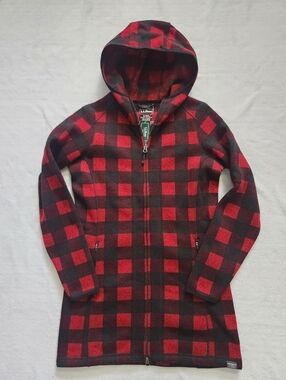 L.L.BEAN Womens Buffalo Plaid Hooded Sweater Fleece Coat Jacket Small NWT